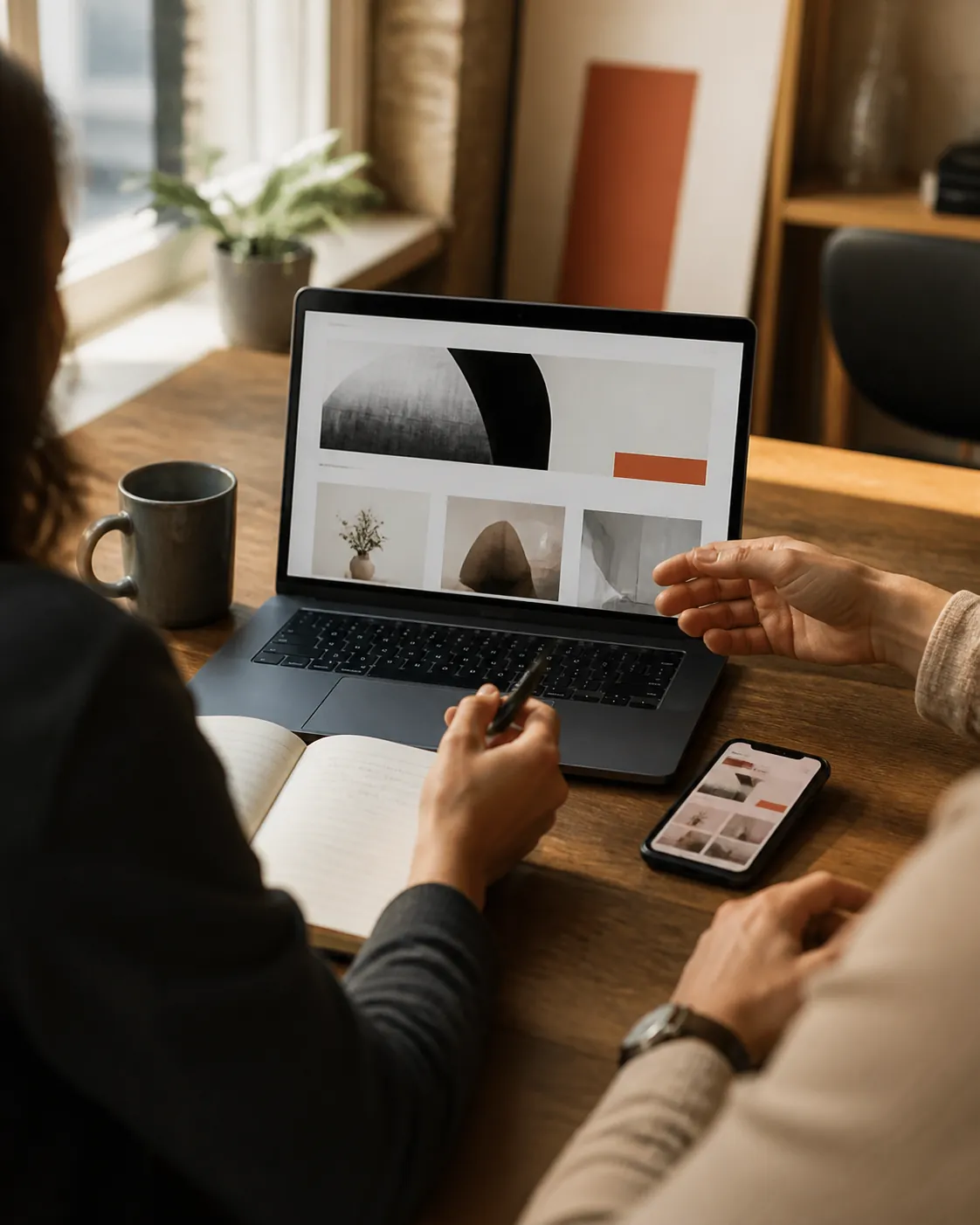 Two professionals reviewing a responsive business website together