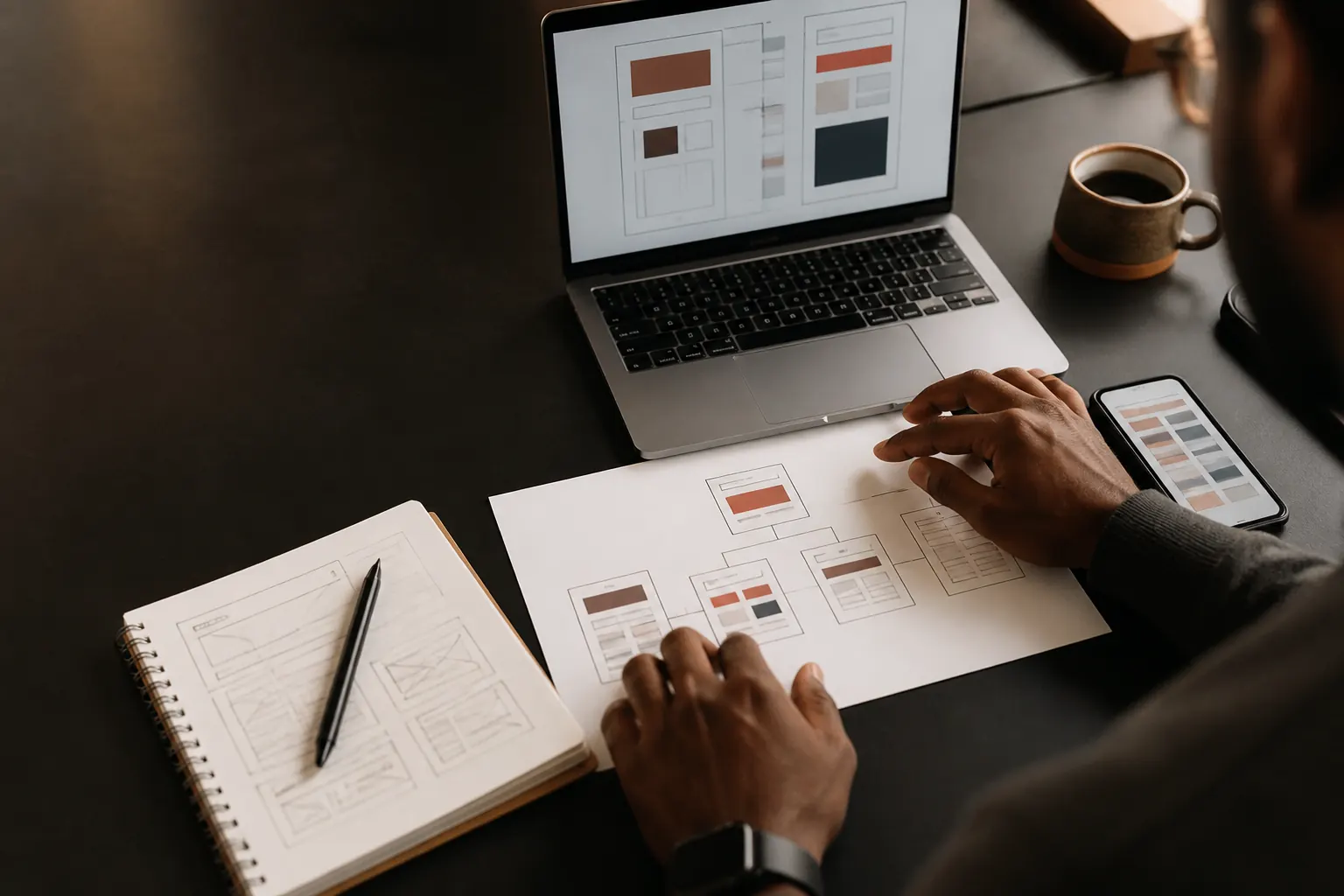 Website wireframes being planned across paper, laptop, and mobile layouts